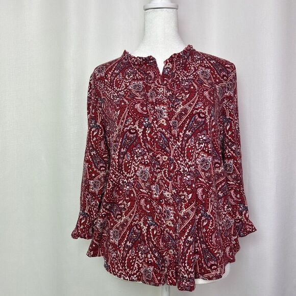 Lands' End Tops - Lands End Women’s Top Size Small Red Paisley Ruffle Neck Sleeves Button Up